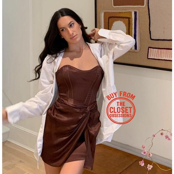 ZARA Strapless Satin Short Dress NWT Brown Size L - Picture 14 of 16